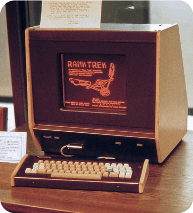 Photo of a vintage PLATO computer learning system.