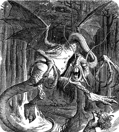 An illustration of a fantasy creature called the Jabberwock based on a poem by Lewis Carroll. 