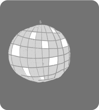 A black and white illustration of a disco ball.